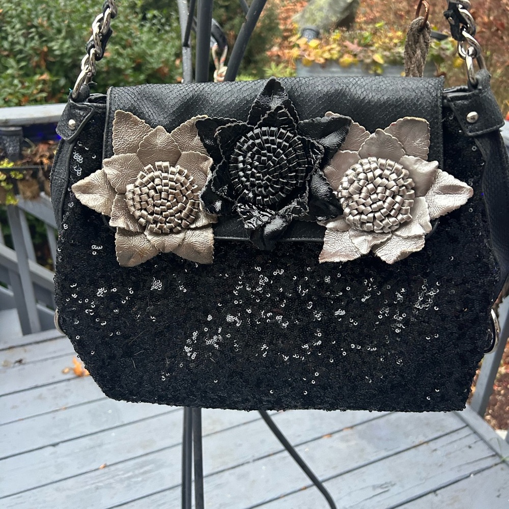 Sharif Black and Gray Floral Sequin Shoulder Bag